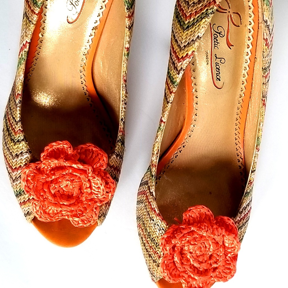 multi color fabric heels peep toe flower embellish